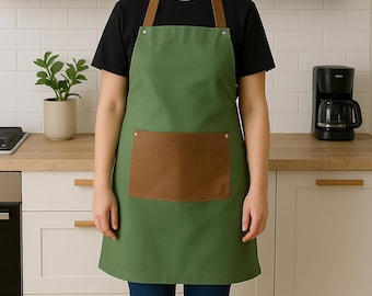 Green Linen Apron: Brown Pocket, Kitchen Style