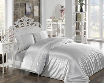Cotton Satin Duvet Cover Set with French Lace, Luxury Bedding