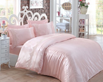 Organic Cotton Satin Duvet Cover Set, French Lace, Beige or Pink