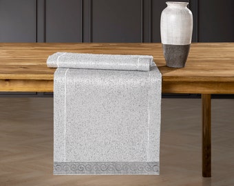 Embroidered Silver Table Runner, Shimmering Polyester, Holiday Decor