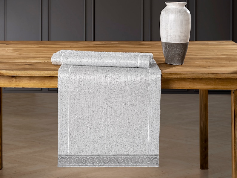 Luxury Shiny Silver Table Runner With White Border Embroidered