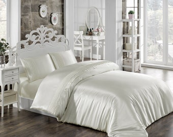 Elegant Beige Cotton Satin Duvet Cover Set with Lace Embroidery