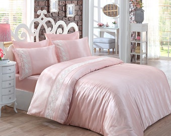 Luxury Cotton Satin Duvet Cover Set, French Lace Embroidery, Powder Pink