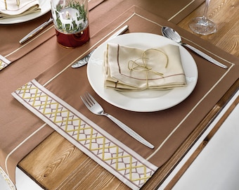 Embroidered Linen Placemats, Brown with Cream Border, Christmas Table Decor