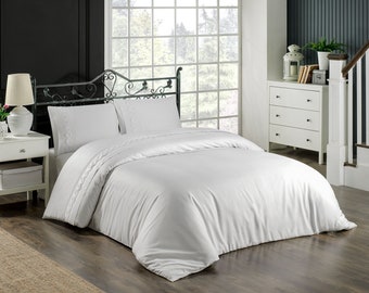 White Cotton Satin Duvet Cover Set, French Lace Embroidery