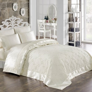 Special Beige Cotton and Satin Bedding Set with Lace. Luxury Bedspread, Blanket Set. Four Pillowcases. New Home, Mothers Day Gifts.