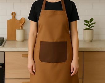 Brown Linen Kitchen Apron: Elegant Two-Pocket Home Essential