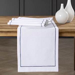 White Elegant Linen Table Runner with Navy Blue Embroidered. Stylish Table Runner for Thanksgiving, Christmas, Housewarming Gift, Farmhouse.