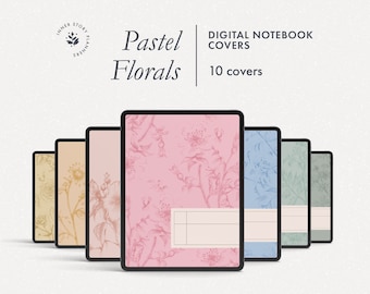 10 digital notebook covers with pastel floral sketches, aesthetic Goodnotes covers, botanical Notability covers, stylish boho planner covers