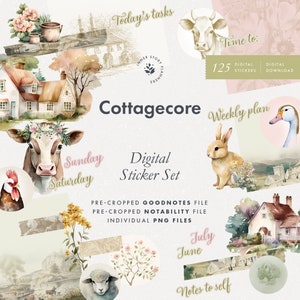 Conjunto de pegatinas digitales Cottagecore, pegatinas de tablero de estado de ánimo de acuarela de primavera para Goodnotes, libro de pegatinas de elementos de tierras de cultivo para diario digital