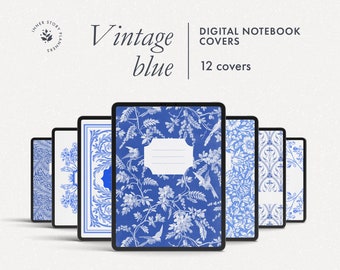 12 digital notebook covers with vintage blue ornaments, Goodnotes and Notability covers in Victorian style, floral retro ornament covers