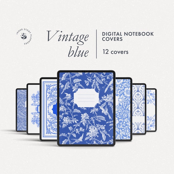 12 digital notebook covers with vintage blue ornaments, Goodnotes and Notability covers in Victorian style, floral retro ornament covers