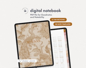 May include: A digital notebook with a peacock design on the cover. The notebook has 12 tab sections and 30 note templates. It is compatible with Goodnotes and Notability.