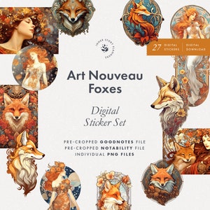 Juego de pegatinas digitales Art Nouveau Foxes, pegatinas ornamentales en estilo Alphonse Mucha para Goodnotes, libro de pegatinas oscuras para diario digital