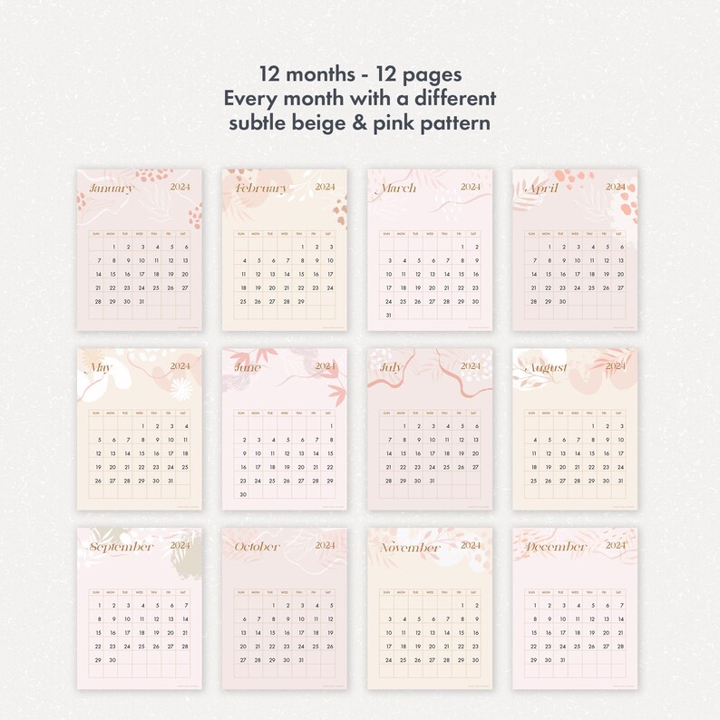 2024 Printable Calendar, Subtle Pink Beige Monthly Planner Vertical ...
