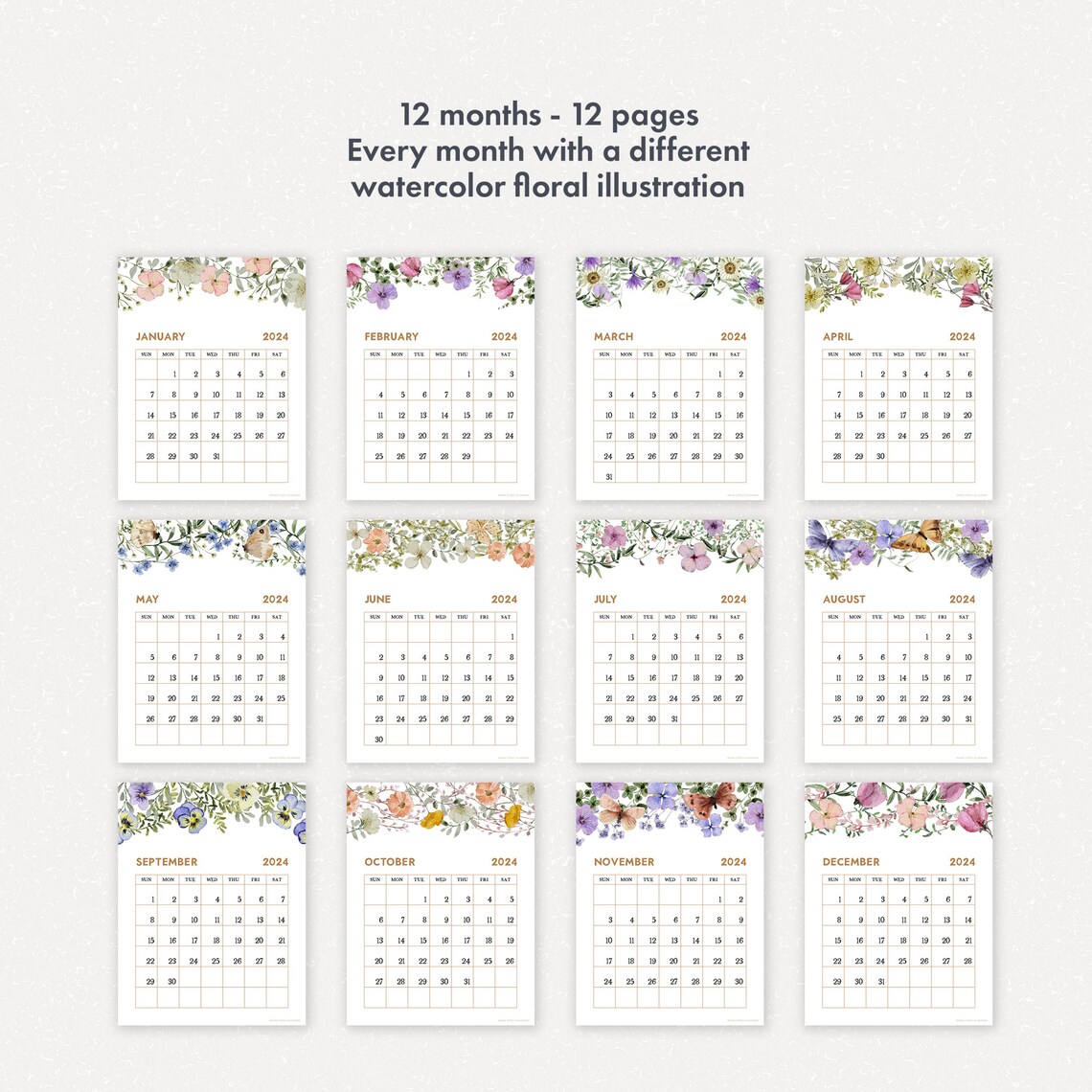 2024 Printable Calendar, Watercolor Floral Monthly Planner Vertical ...