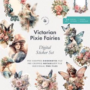 May include: A set of 27 digital stickers featuring Victorian-style pixie fairies with floral accents. The stickers are pre-cropped for Goodnotes and Notability apps and are also available as individual PNG files.