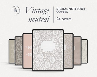 24 digital notebook covers with vintage ornaments, earthy neutral tones Goodnotes and Notability covers with floral ornaments, retro style