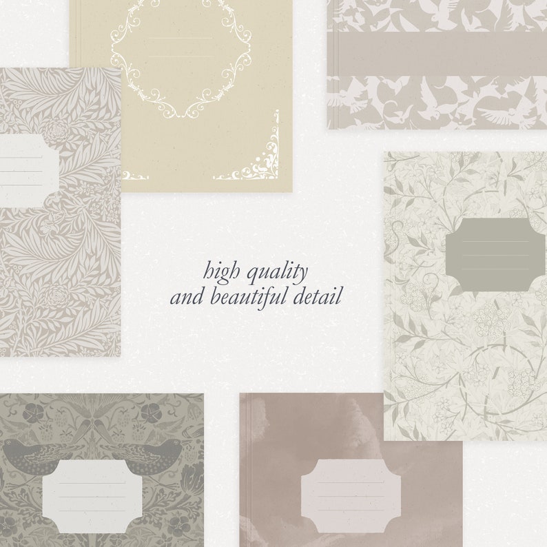 Peut inclure: Plusieurs cahiers aux couvertures &agrave; motifs dans des tons neutres. Les motifs comprennent des motifs floraux, d'oiseaux et abstraits en beige, gris et taupe. Chaque cahier a une zone d'&eacute;tiquette vierge. Le texte "high quality and beautiful detail" est &eacute;galement visible.