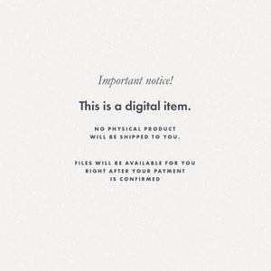 Peut inclure: Fond cr&egrave;me avec le texte "Important notice!" et "This is a digital item." Le texte suppl&eacute;mentaire indique qu'aucun produit physique ne sera exp&eacute;di&eacute; et que les fichiers sont disponibles apr&egrave;s le paiement.