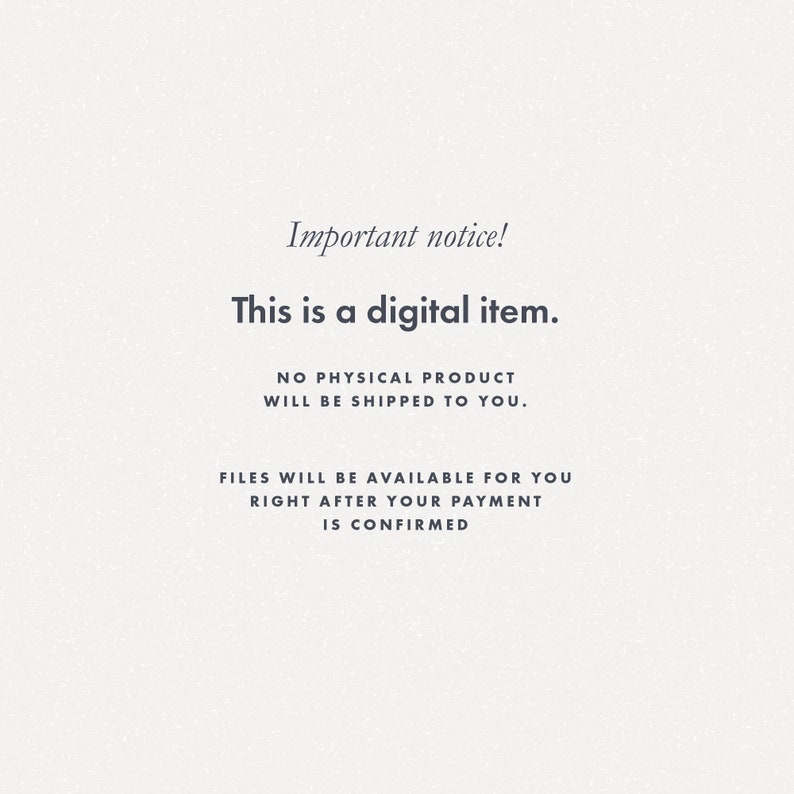 Peut inclure: Fond cr&egrave;me avec le texte "Important notice!" et "This is a digital item." Le texte suppl&eacute;mentaire indique qu'aucun produit physique ne sera exp&eacute;di&eacute; et que les fichiers sont disponibles apr&egrave;s le paiement.