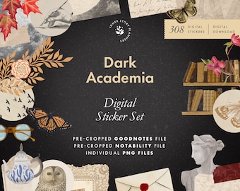 May include: Digital sticker set with a dark academia theme. The set includes images of books, owls, butterflies, glasses, a teapot, an envelope, a bust, and more. The text "Dark Academia" and "Digital Sticker Set" is included in the image.