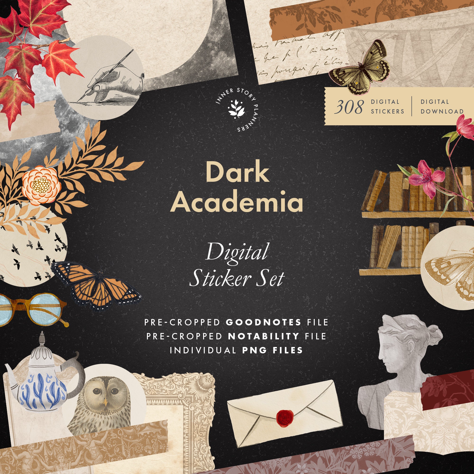 Dark Academia Aesthetic Clip Art, Hand Drawn, Old Fashioned