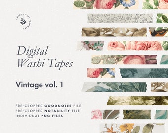 Vintage Floral Washi Tape Stickers: Digital Journal Embellishments (Goodnotes, Notability)