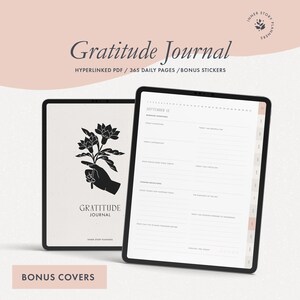 May include: A digital planner on a tablet screen with the text "Gratitude Journal" and a floral illustration. The planner includes 365 daily pages and bonus stickers.