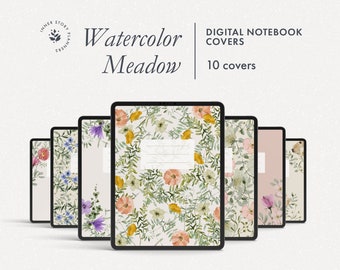 10 digital notebook covers with watercolor flowers, aesthetic Goodnotes covers, floral botanical Notability covers, stylish planner covers