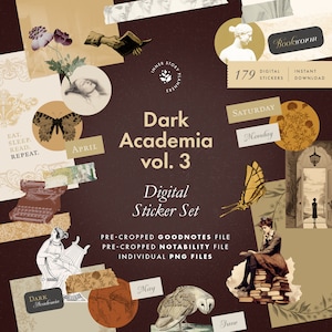 Conjunto de pegatinas digitales Dark Academia vol. 3 pegatinas de tablero de estado de ánimo de estilo vintage para Goodnotes, libro de pegatinas de elementos retro para diario digital