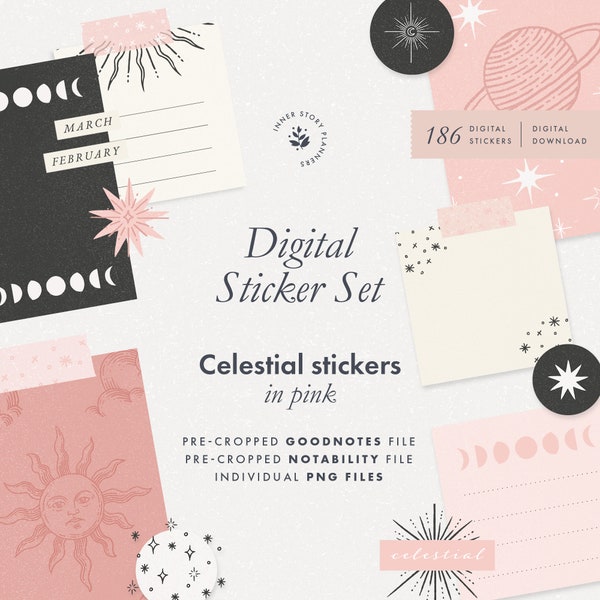 Celestial digital stickers, Moon and stars stickers for digital journal, Goodnotes sticker book, Ipad planner sticker, Pink boho stickers