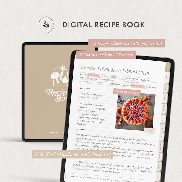 Digital Recipe Book, Goodnotes Cookbook Notebook, iPad Cooking Planner, Notability Recipe Journal Digital Meal Planner, Minimal Cookbook PDF