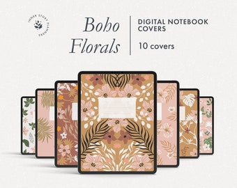 Couvertures numériques florales bohèmes pour carnet de notes, agendas Goodnotes Notability (PDF)
