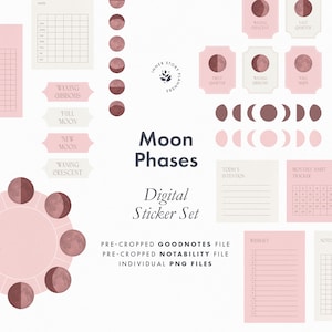 Könnte beinhalten: Ein digitaler Sticker-Set mit Illustrationen der Mondphasen in verschiedenen Stadien, darunter Neumond, zunehmender Halbmond, erstes Viertel, zunehmender Vollmond, Vollmond, abnehmender Vollmond, letztes Viertel und abnehmender Halbmond. Die Sticker sind im minimalistischen Stil mit einem rosa und braunen Farbschema gestaltet. Der Text "Mondphasen" und "Digitaler Sticker-Set" ist im Bild enthalten.