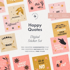 Happy quotes inspirational digital sticker set, motivational sticky notes for Goodnotes, celestial self love quotes for affirmation journal