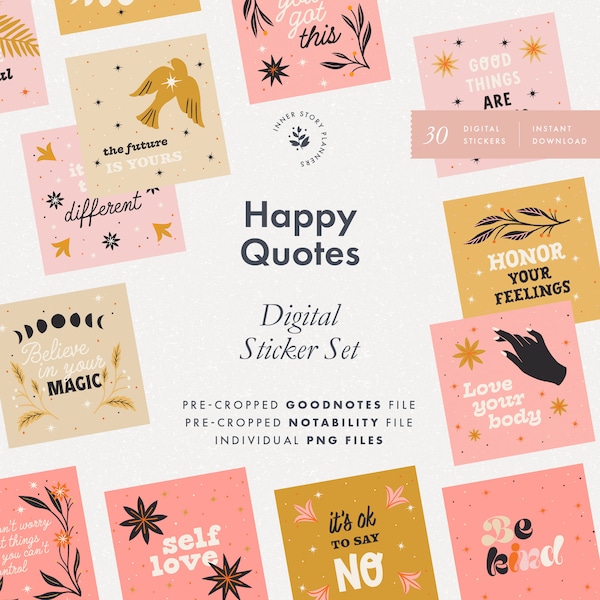 Happy quotes inspirational digital sticker set, motivational sticky notes for Goodnotes, celestial self love quotes for affirmation journal