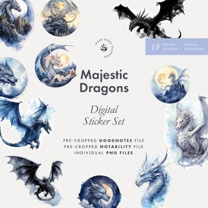 Majestic Dragons digital sticker set, decorative wyvern stickers, dark fantasy stickers for Goodnotes, sticker book for digital journaling