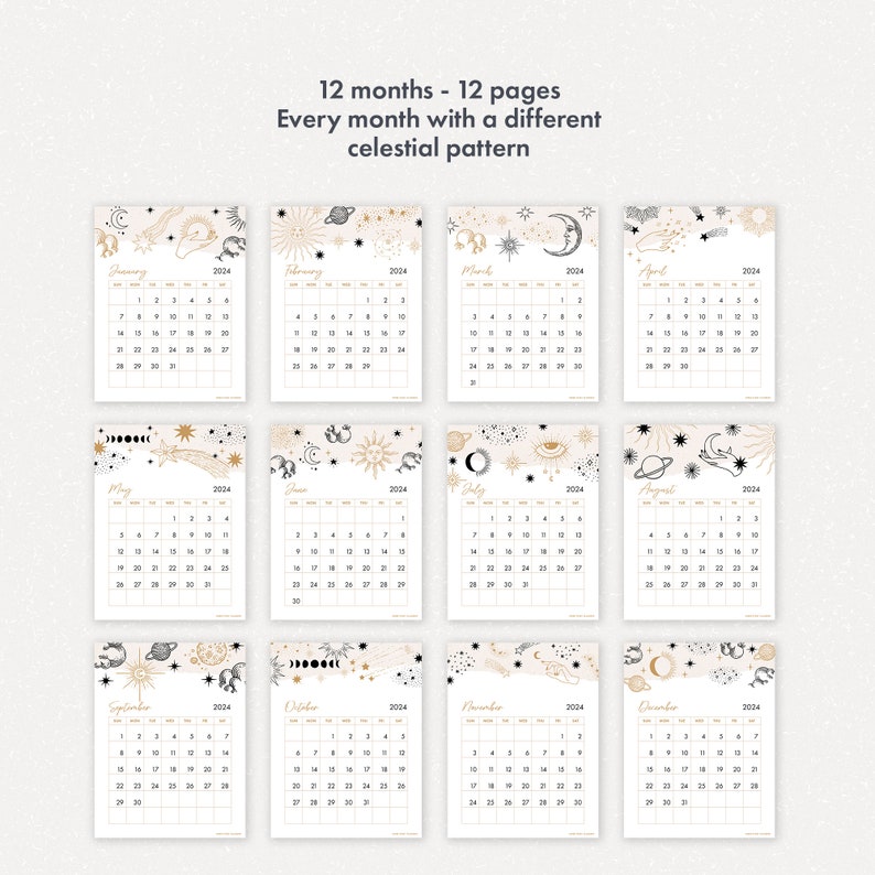 2024 Printable Calendar, Celestial Monthly Planner Vertical Sunday and