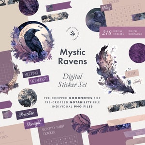 Conjunto de pegatinas digitales Mystic Ravens, pegatinas de tablero de estado de ánimo estilo brujo para Goodnotes, libro de pegatinas de elementos oscuros para diario digital