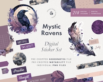 May include: A digital sticker set with a mystical raven theme. The set includes 218 stickers, featuring ravens, feathers, flowers, and other elements in shades of purple, blue, and grey. The stickers are pre-cropped for Goodnotes and Notability apps.