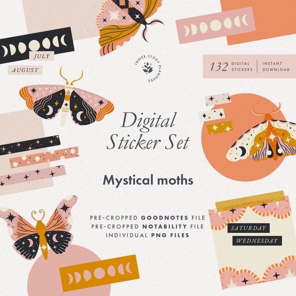 Mystical moths digital stickers, lunar butterfly stickers for digital journal, Goodnotes sticker book, Ipad planner stickers, boho stickers