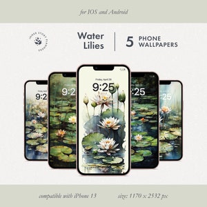 5 fonds d'écran pour iPhone nénuphars, arrière-plan floral pour smartphone étang de lotus, économiseur d'écran de téléphone nature, écran de verrouillage mobile aquarelle verte