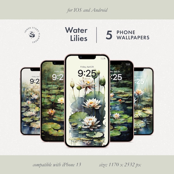5 fondos de pantalla de iPhone de lirios de agua, fondo de teléfono inteligente de estanque de loto floral, protector de pantalla de teléfono de naturaleza, pantalla de bloqueo móvil de acuarela verde