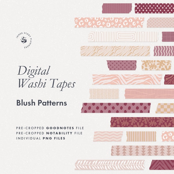 Digital Washi Tapes, Goodnotes stickers for digital planning and journaling, Notability sticker book, blush pink neutral aesthetic stickers