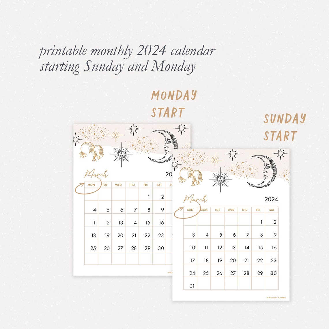 2024 Printable Calendar, Celestial Monthly Planner Vertical Sunday and 2024 Printable Calendar, Celestial Monthly Planner Vertical Sunday and