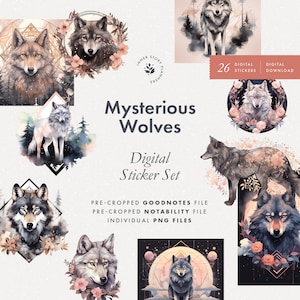 Conjunto de pegatinas digitales de Lobos Misteriosos, majestuosos elementos del panel de humor de lobos de montañas para Goodnotes, libro de pegatinas oscuras para diarios digitales