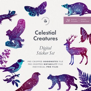 Conjunto de pegatinas digitales Celestial Creatures, elementos del panel de estado de ánimo de animales del bosque nocturno para Goodnotes, libro de pegatinas oscuras para el diario digital