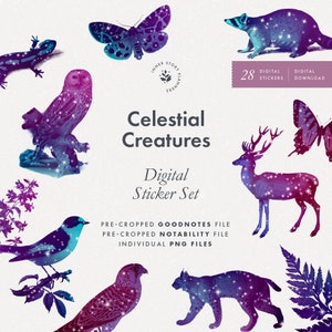 Celestial Creatures digital sticker set, night woodland animals mood board elements for Goodnotes, dark sticker book for digital journaling