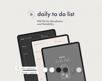 Puede incluir: Un planificador digital para Goodnotes y Notability con una plantilla de lista de tareas diarias. El planificador tiene un diseño minimalista con un esquema de color blanco y negro. Incluye 6 opciones de color y 12 cubiertas adicionales.